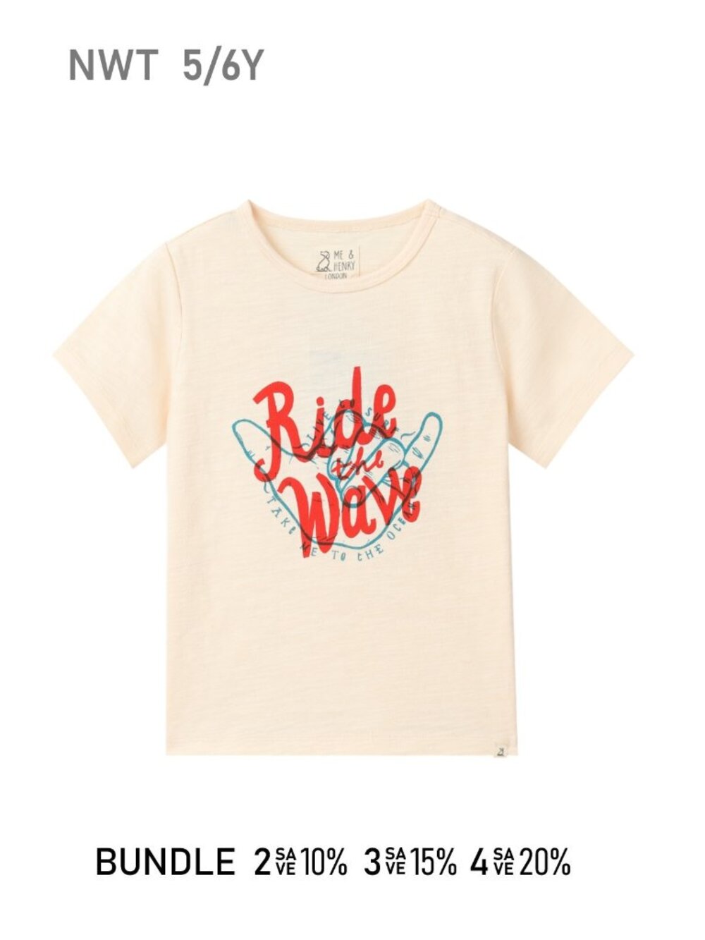 NWT - ME & HENRY Cream S/S Graphic Tee "Ride The Wave" Size 5/6Y